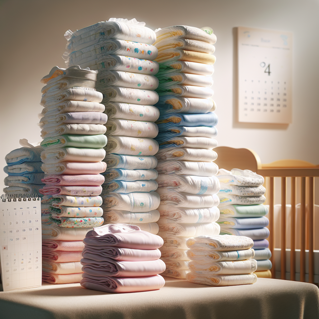 A nursery with a stack of various cloth and disposable diapers, with a calendar indicating the newborn's frequent changes.