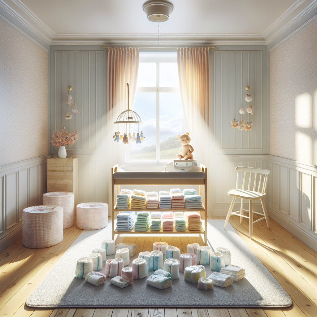 A well-organized nursery room with a changing table stocked with various types and sizes of baby diapers, bathed in natural sunlight.