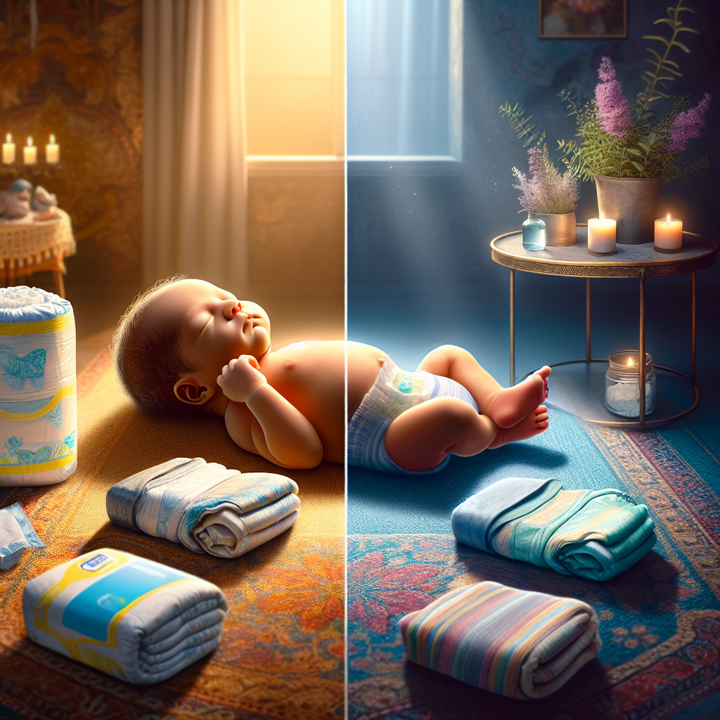 A realistic image of a newborn with disposable and cloth diapers on each side, in a warmly lit nursery room.