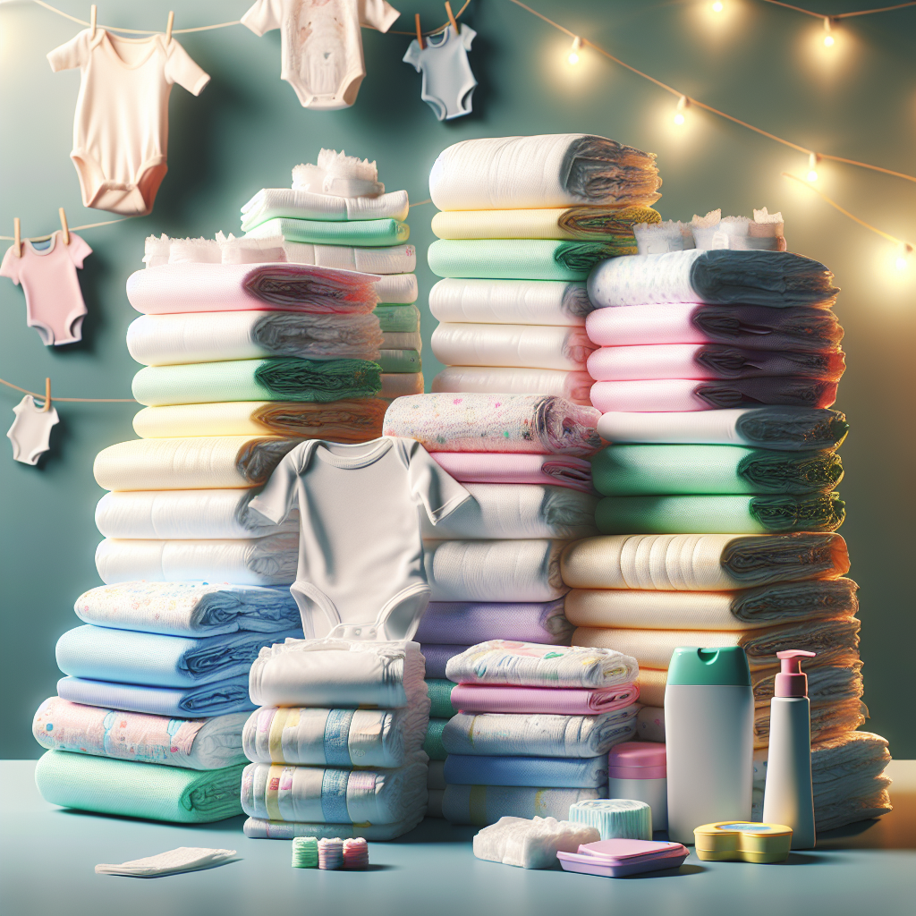 Assortment of diapers, including disposable and cloth types, along with a baby onesie and newborn accessories on a pastel table.