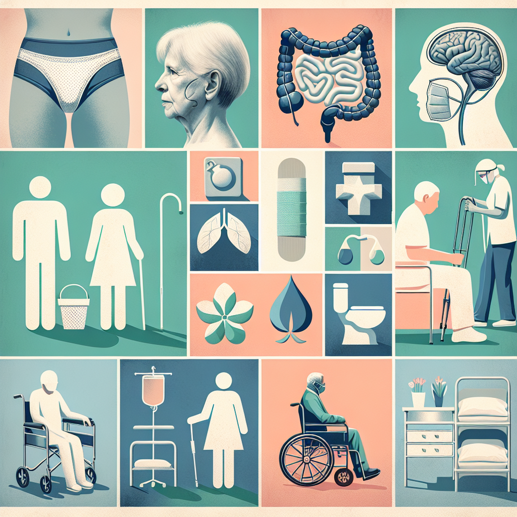 A collage representing various health conditions that require the use of adult diapers.