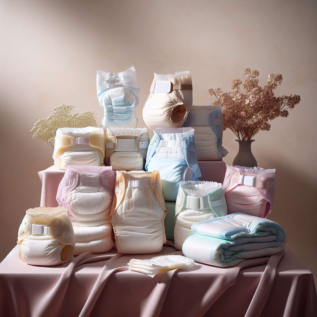 Realistic image of adult diapers arranged on a pastel cloth with soft-colored flowers in the background, conveying dignity and normalcy.