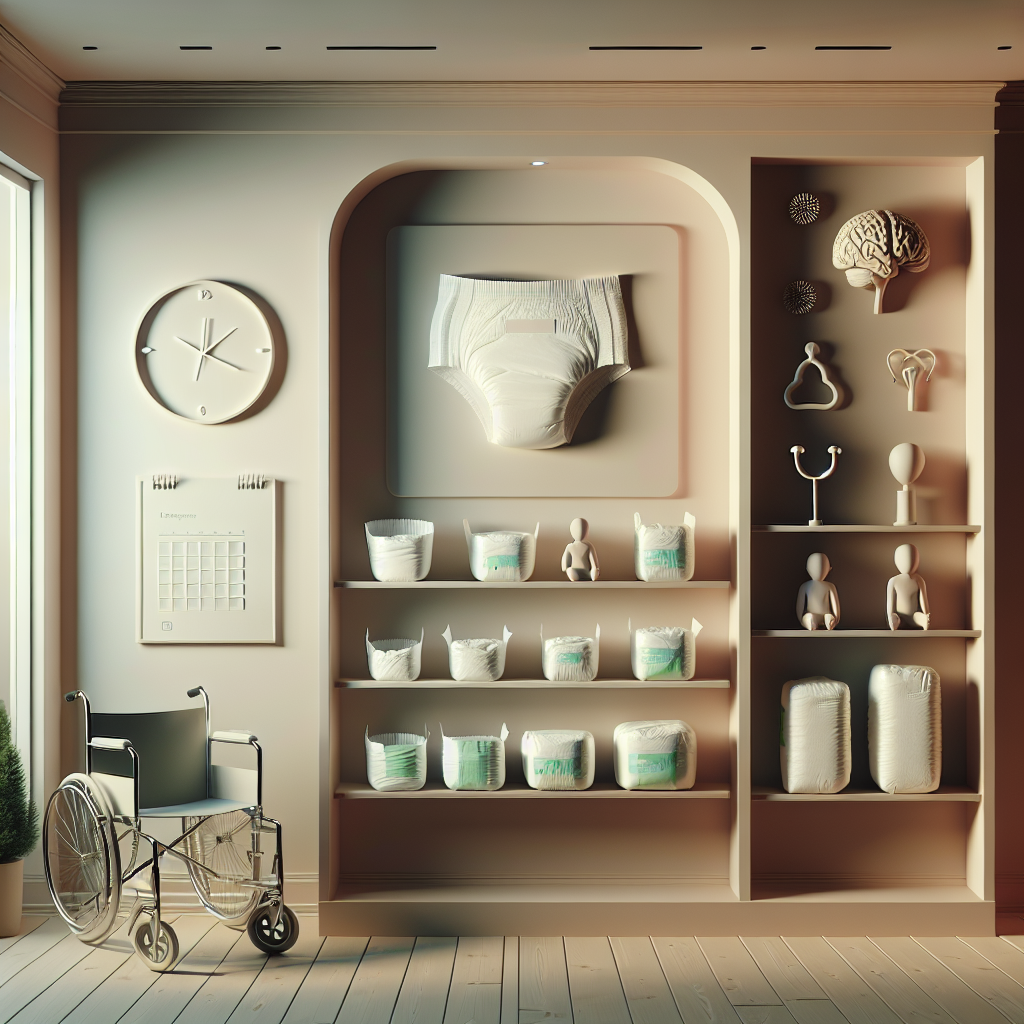 A comforting room displaying adult diapers on a shelf, with symbolic representations of health conditions that might require their use, such as a wheelchair and a brain model, in a stigma-free setting.