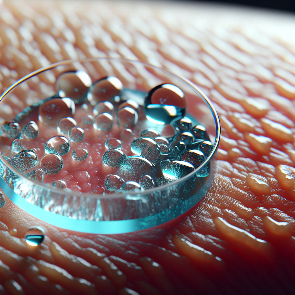 Hyper-realistic close-up image of a hydrogel wound dressing on skin, illustrating its moisture-retaining property and translucency, promoting wound healing.