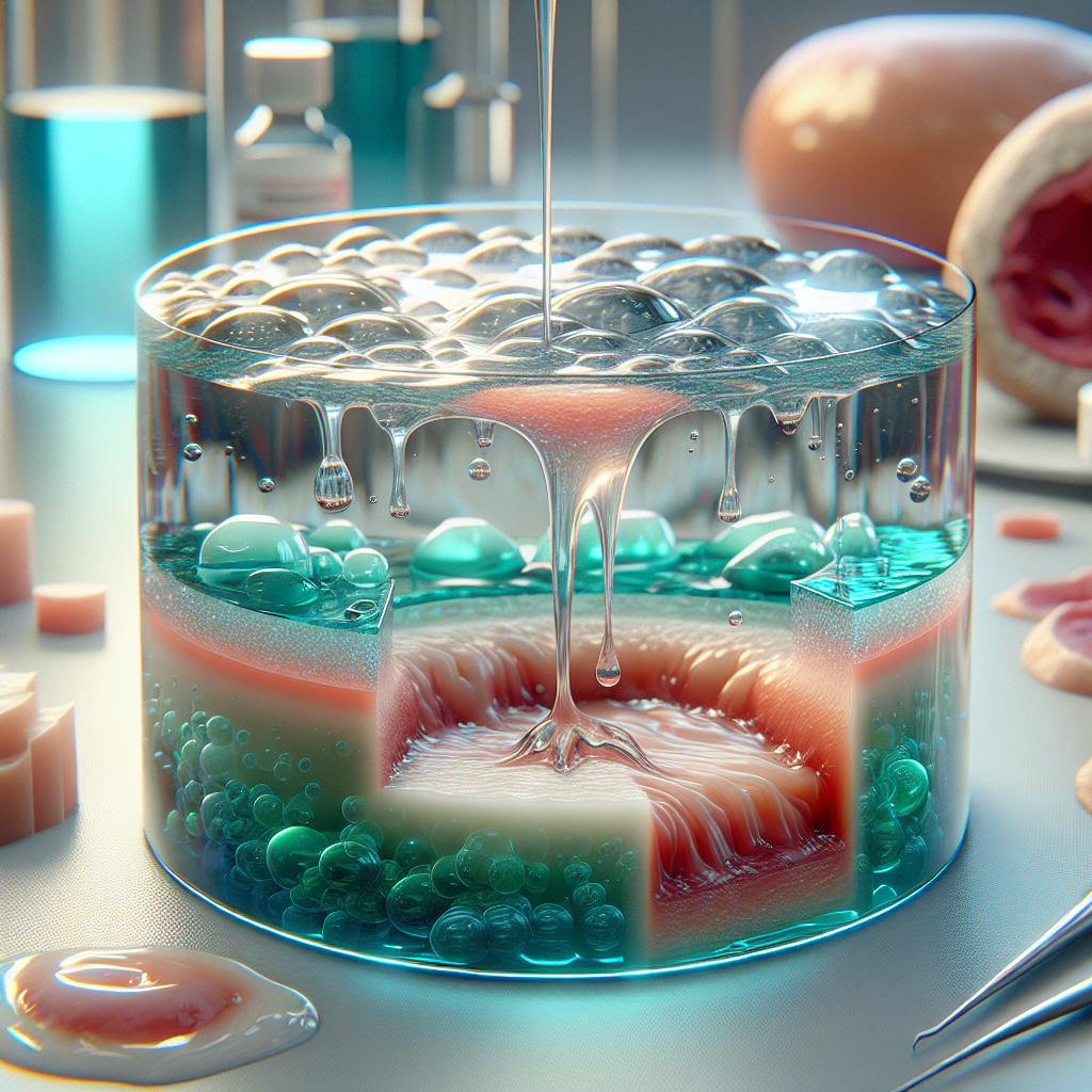 Cross-section view of a hydrogel dressing on a healing wound, highlighting the properties of hydrogel in a realistic, scientific digital painting.