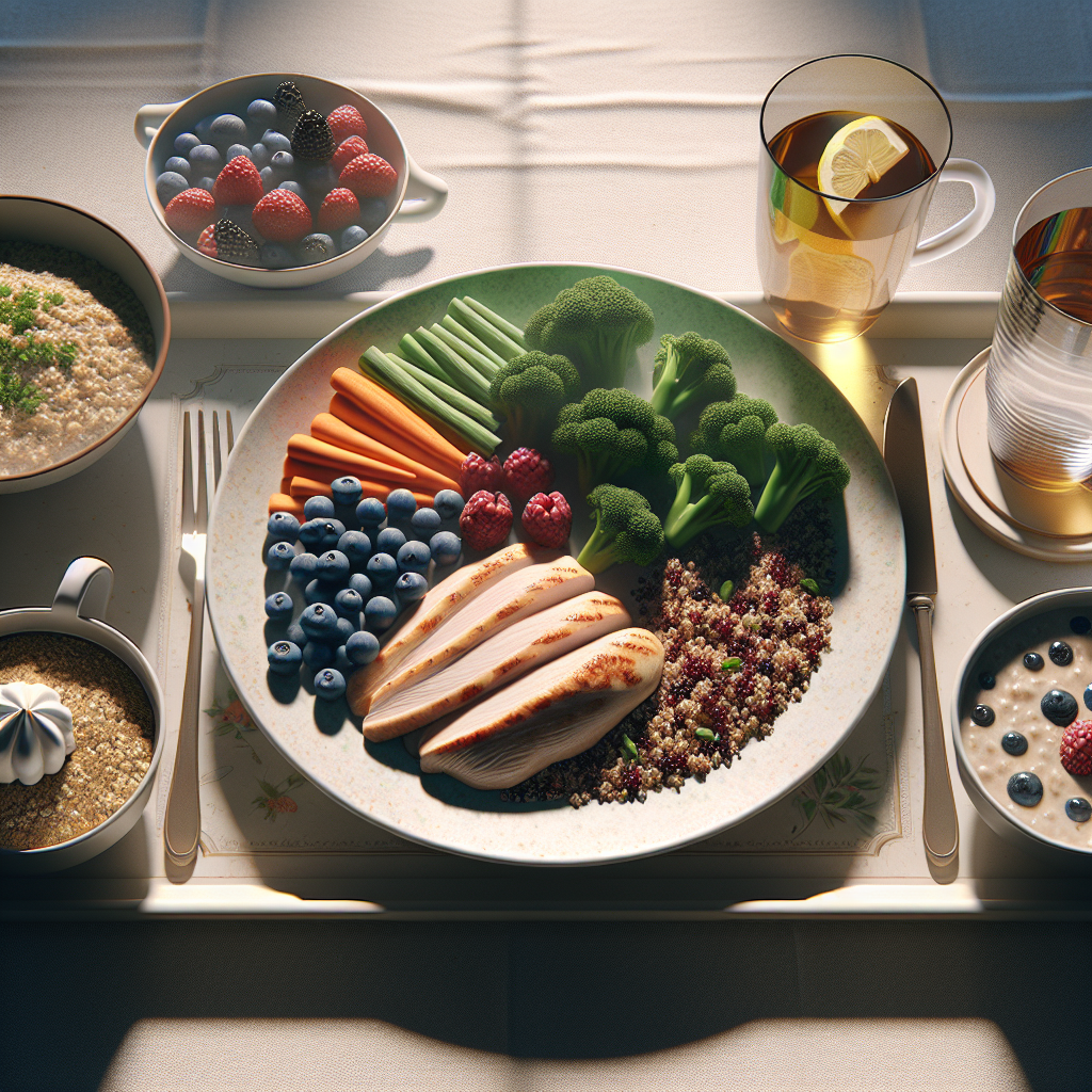 Nutritionally balanced senior's meal on a table, including chicken, quinoa, vegetables, oatmeal with berries, water and herbal tea, in a bright and warm setting.