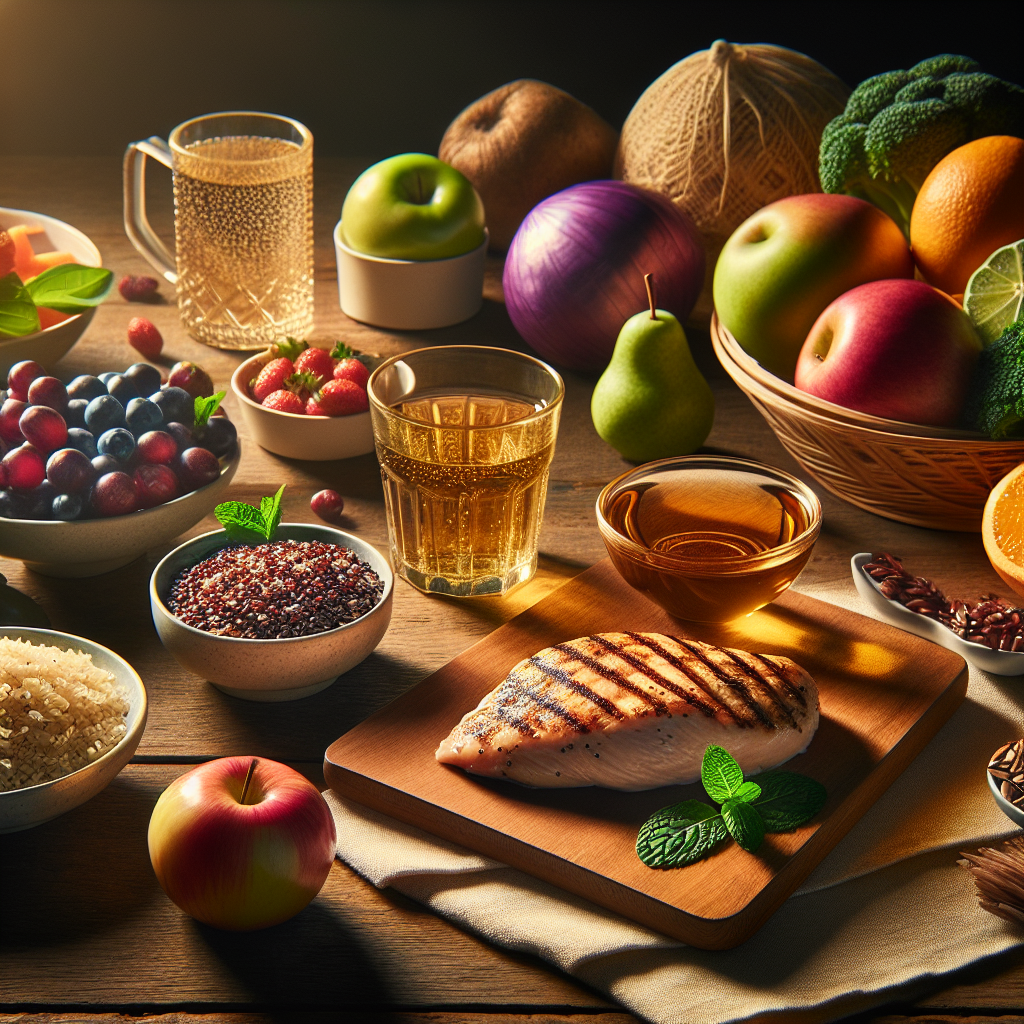 A table with healthy food options for seniors, including lean protein, whole grains, a basket of fruits and vegetables, a glass of water with mint and a cup of herbal tea, under soft lighting.