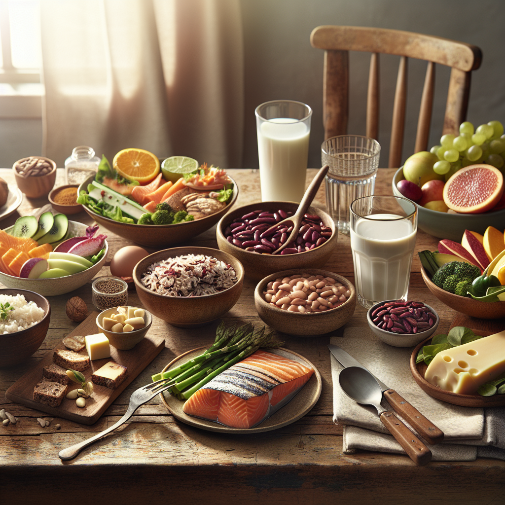 Table with healthy foods representing a senior's balanced diet, including proteins, carbohydrates, fibers, vitamins, and minerals, with a glass of water and herbal tea.