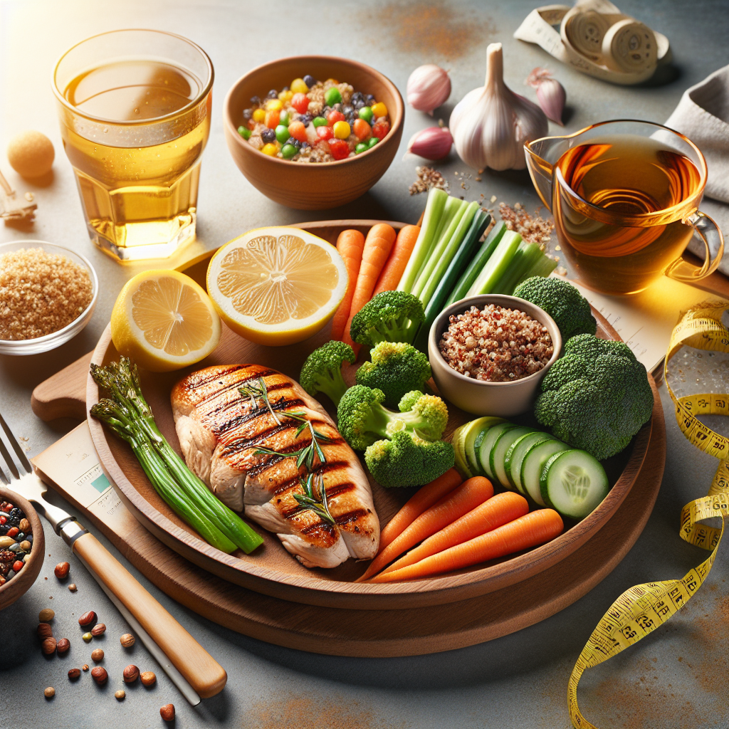 A nutritious meal suitable for seniors, including grilled chicken, quinoa, vegetables, a glass of water with lemon, and a cup of herbal tea, in a bright, naturally lit setting.