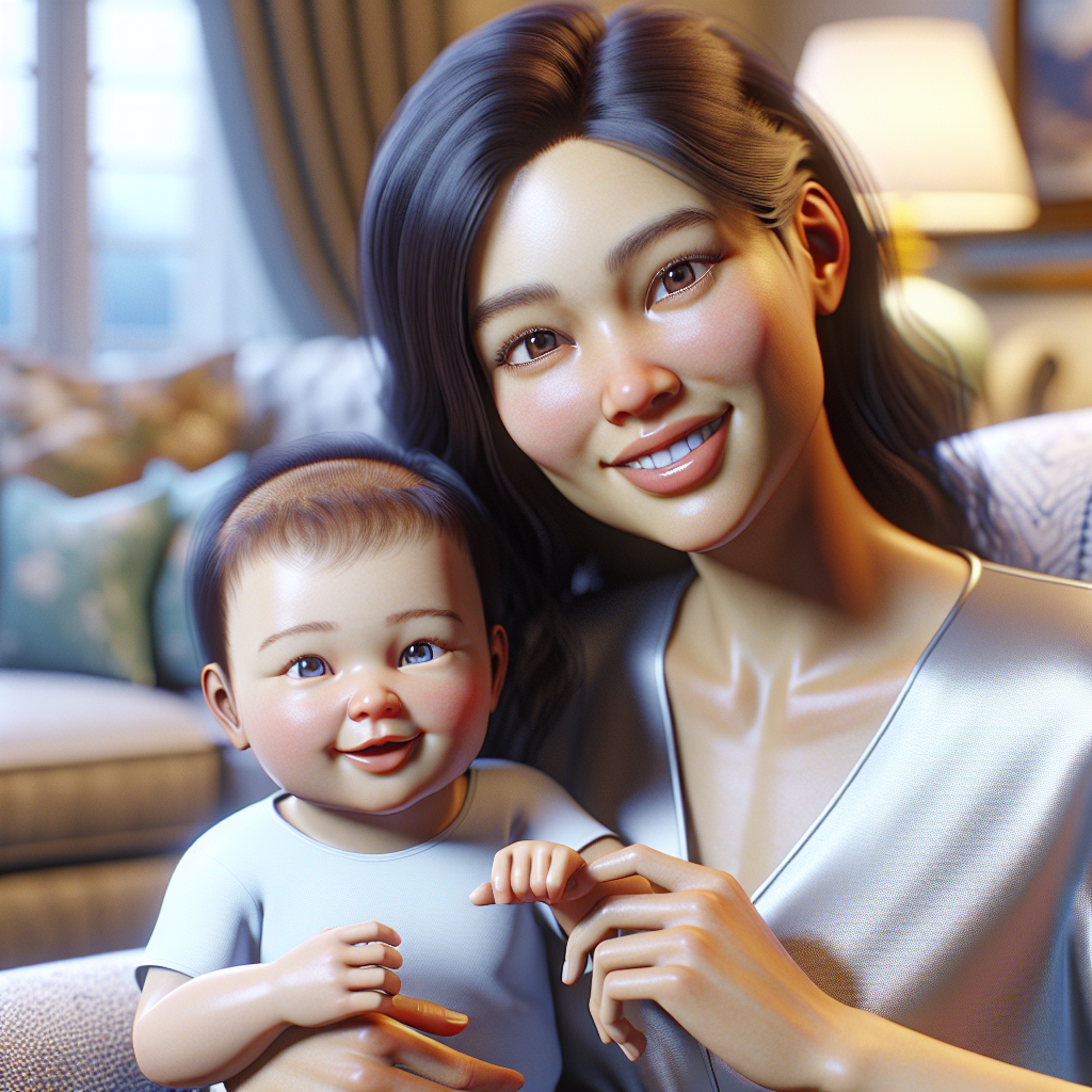 A parent gently holding a smiling infant in an armchair, within a cozy, softly lit living room.