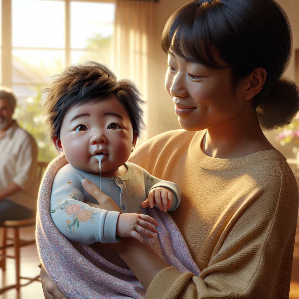 A realistic depiction of an infant gently spitting up milk while being held by a caregiver.