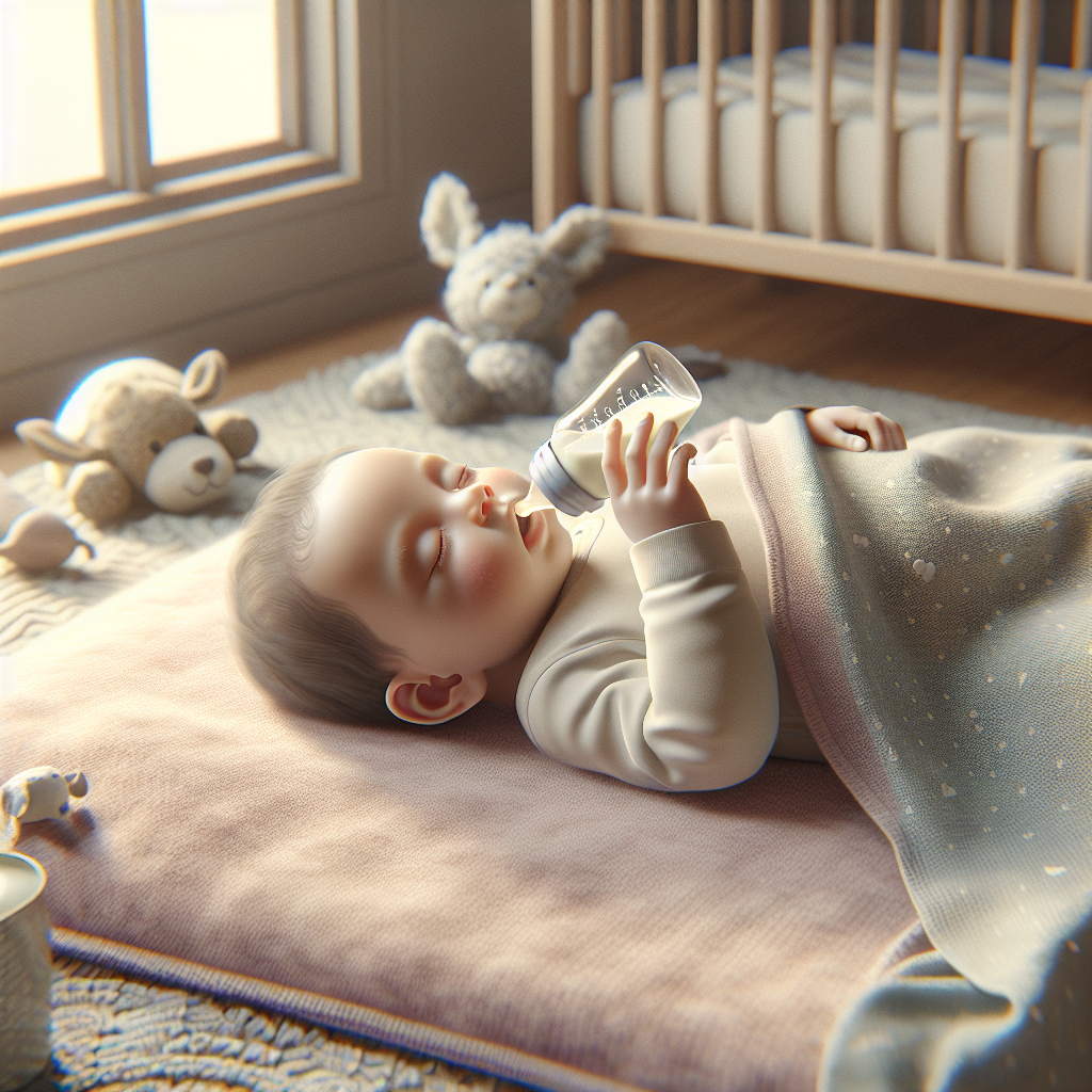 An infant calmly spitting up a small amount of milk while lying on a pastel-colored blanket.