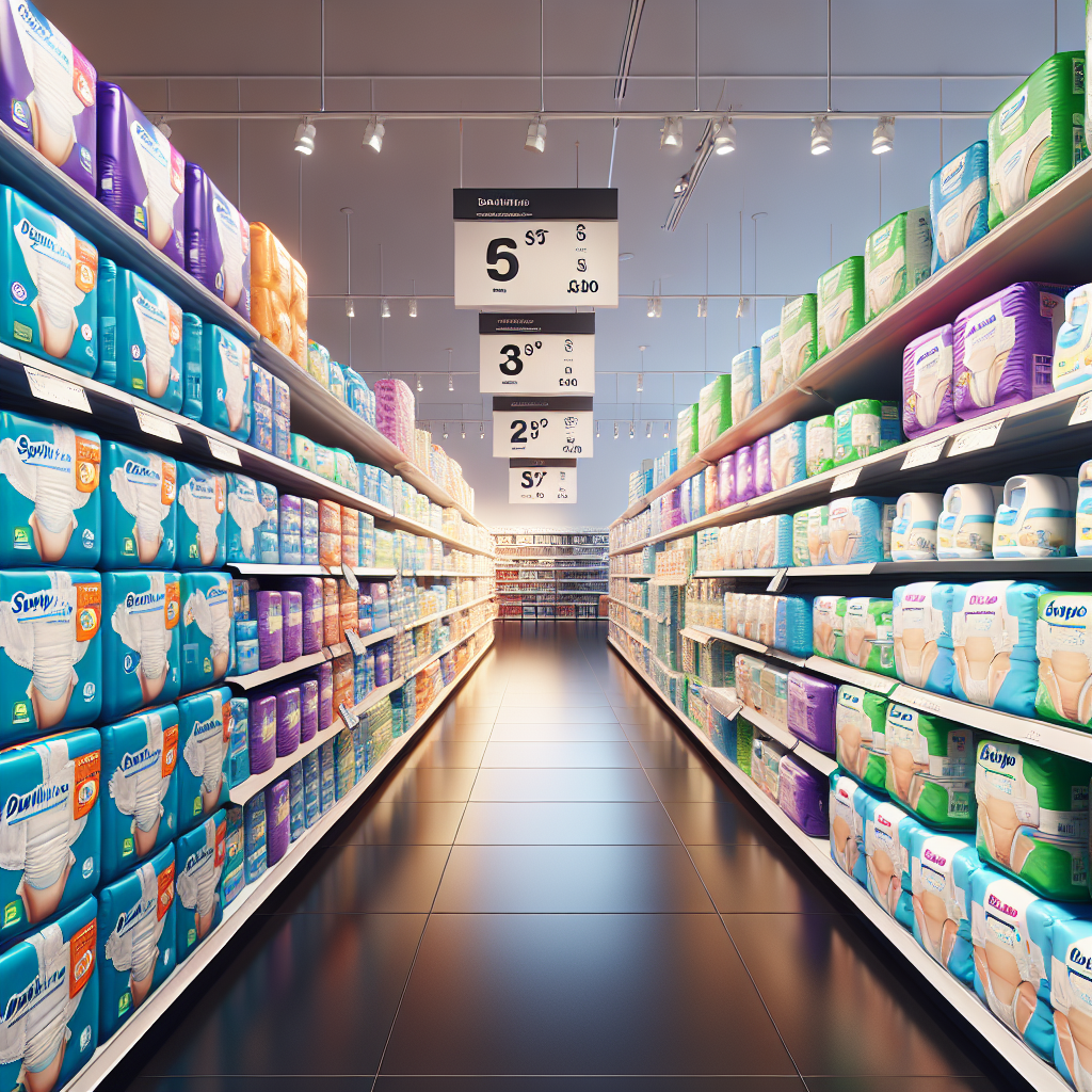 Interior of a Walmart store with shelves stocked with a variety of adult diapers and related products.