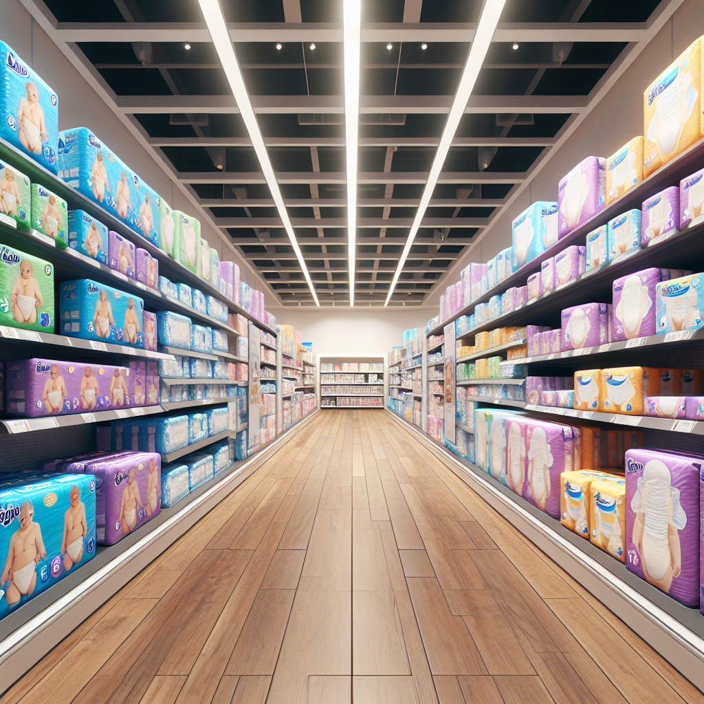 A realistic image of a Walmart store aisle displaying a wide variety of adult diapers and related products.