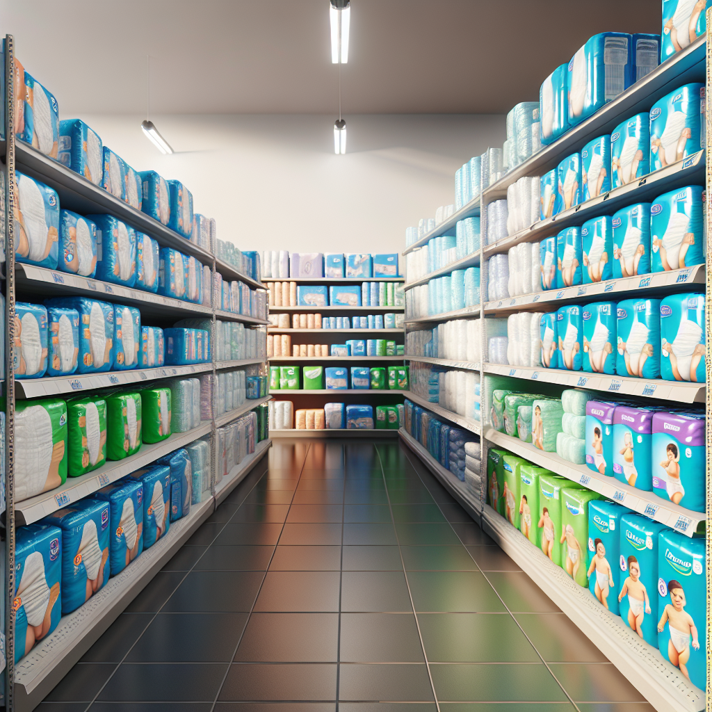 A realistic image of a Walmart aisle stocked with various brands and types of adult diapers, protective underpads, and skin care items.