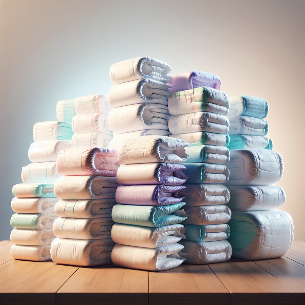 Various types of adult diapers arranged neatly on a wooden table.