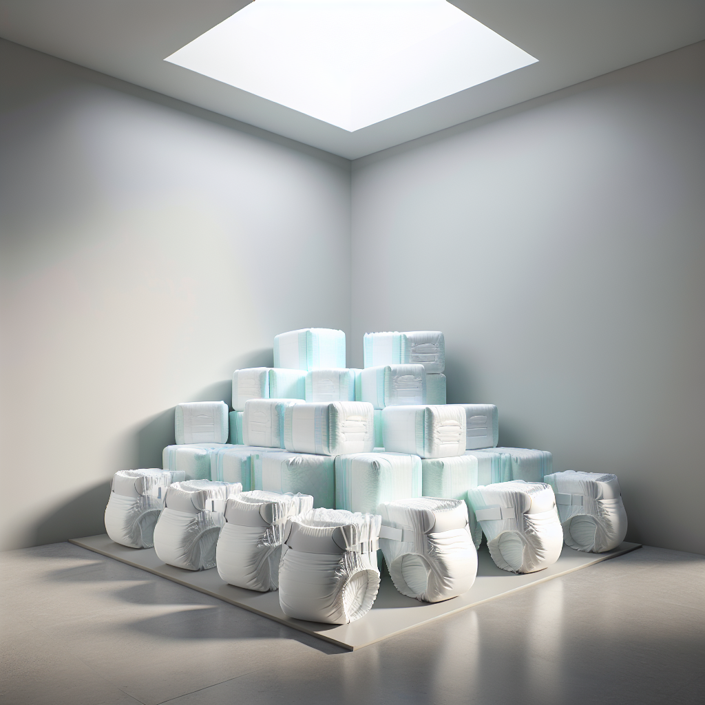 A stack of white adult diapers in a clean, modern setting.