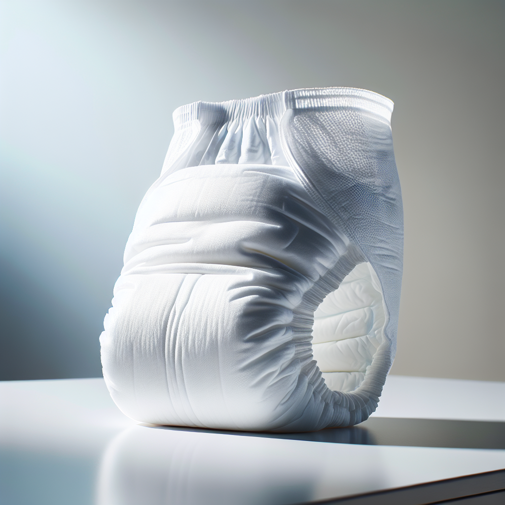 An adult diaper displayed on a clean surface, showcasing its absorbency and comfort features.