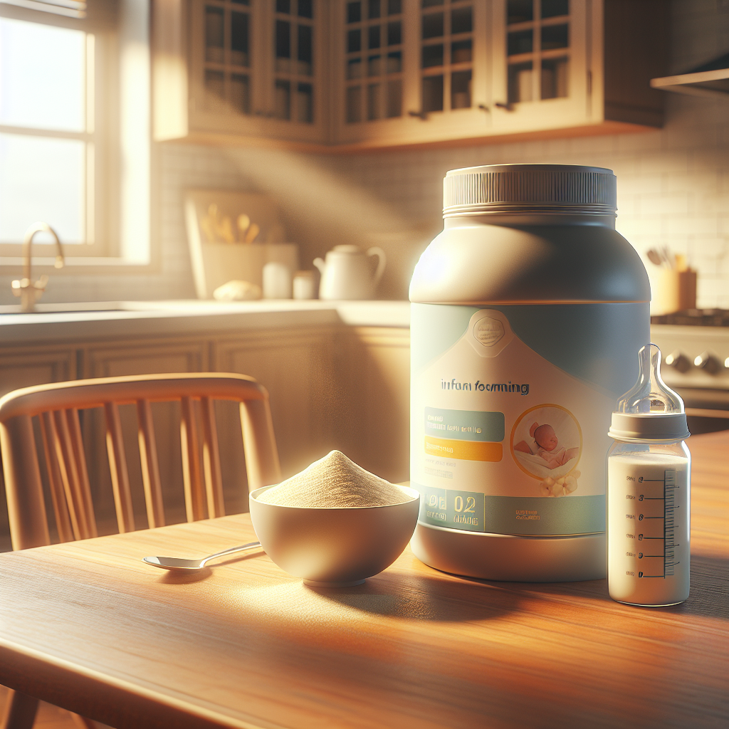 A canister of Enfamil AR formula on a wooden table in a cozy kitchen setting, accompanied by a bowl with formula powder and a baby bottle.