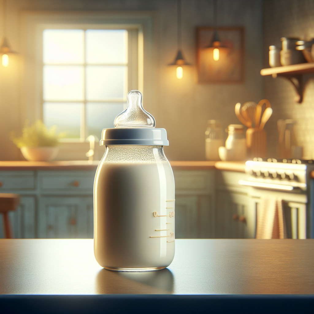 A realistic baby bottle filled with Enfamil AR formula on a kitchen counter.