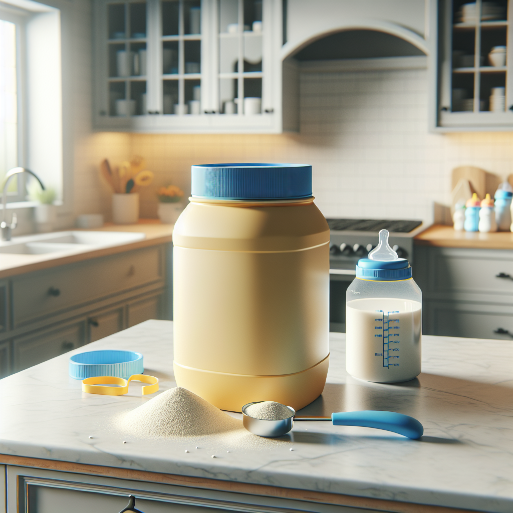 A container of Enfamil AR infant formula on a clean kitchen countertop with baby feeding items.