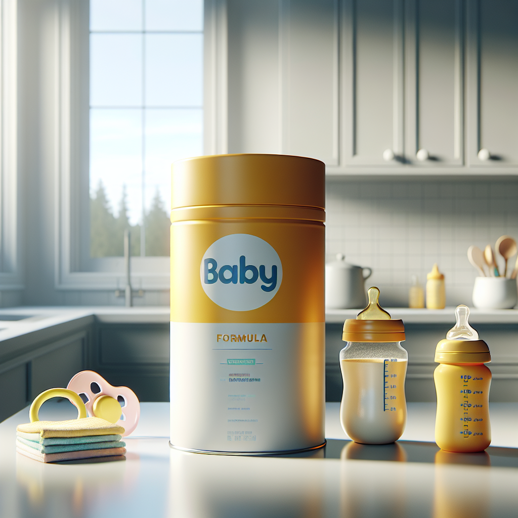 Enfamil AR formula container on a kitchen counter with baby items.