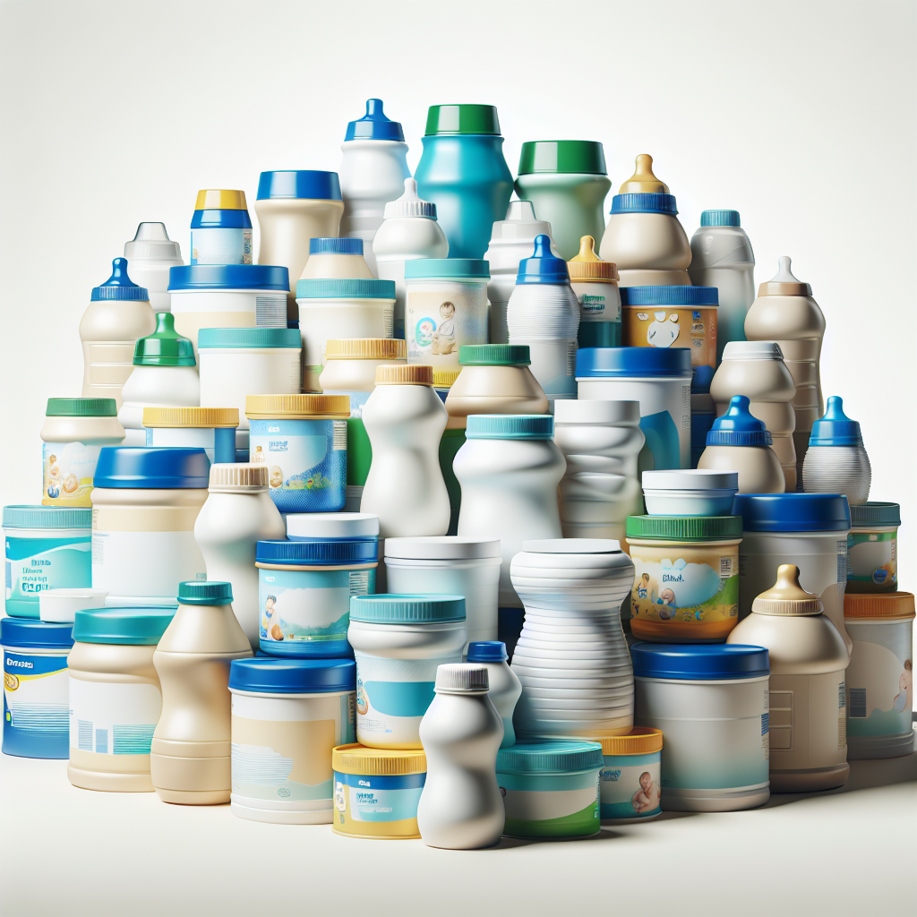 A variety of Enfamil infant formula containers in different shapes and sizes on a white background.