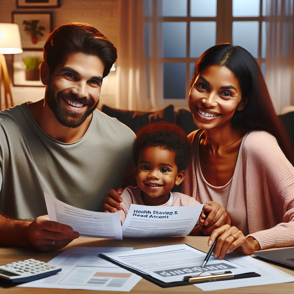 A family of three reviewing Health Savings Account documents at home.