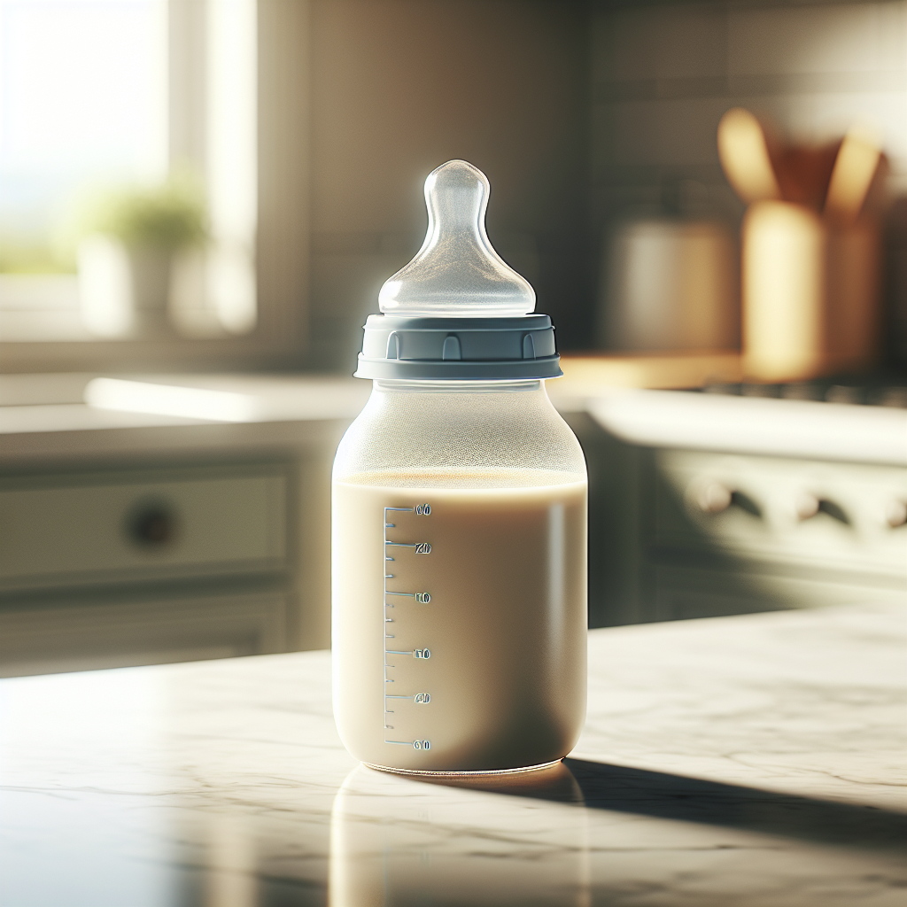 A baby bottle labeled 'Enfamil Gentlease Ready to Feed' on a kitchen counter.