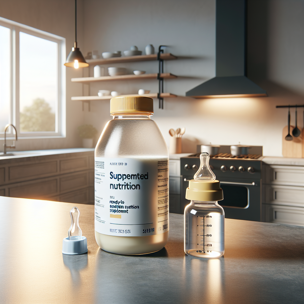 A bottle of Enfamil Gentlease Ready to Feed formula on a kitchen countertop with a baby bottle beside it.