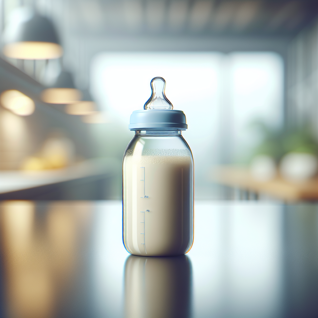 A baby bottle filled with Enfamil Gentlease Ready to Feed formula on a clean kitchen countertop.