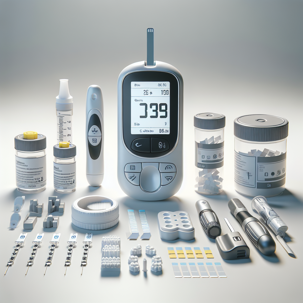 Essential diabetes testing supplies including a glucose meter, test strips, lancets, and control solutions on a white surface.