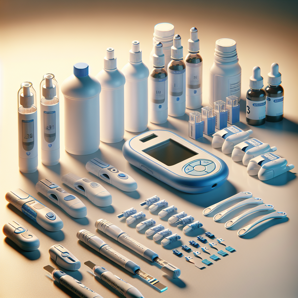 Realistic image of diabetes testing supplies including a glucose meter, test strips, lancets, and control solutions.