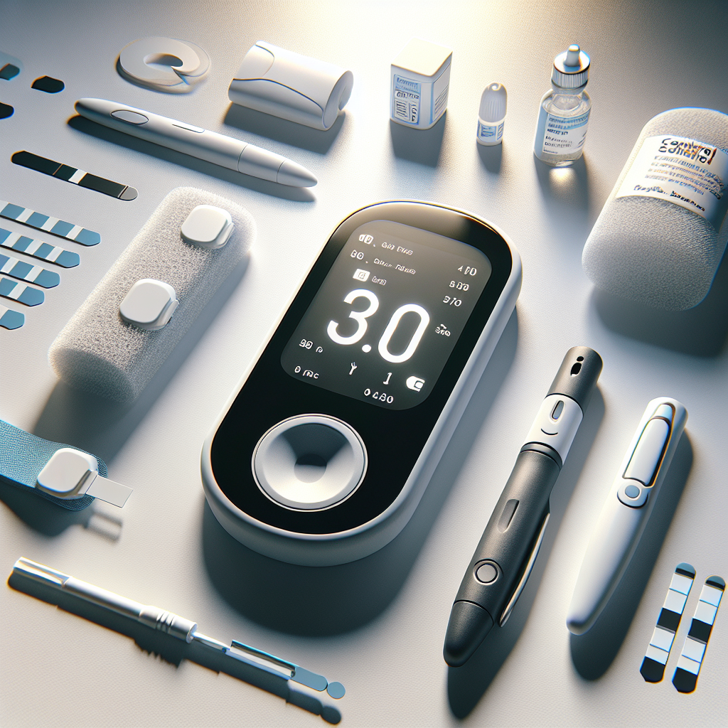 Essential diabetes testing supplies including a glucose meter, test strips, a lancing device, and a bottle of control solution arranged on a white surface.