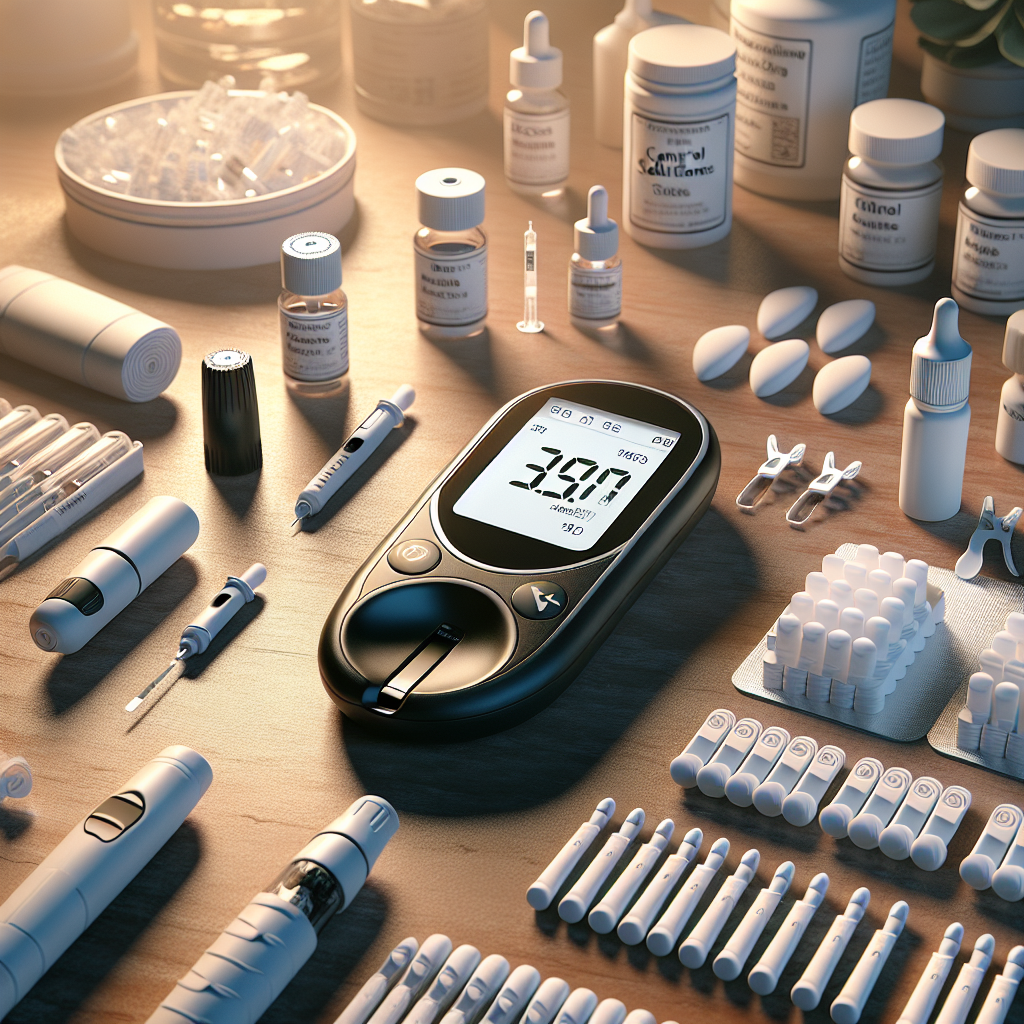 A realistic image of various diabetes testing supplies like glucose meters, test strips, lancets, and control solutions on a table.