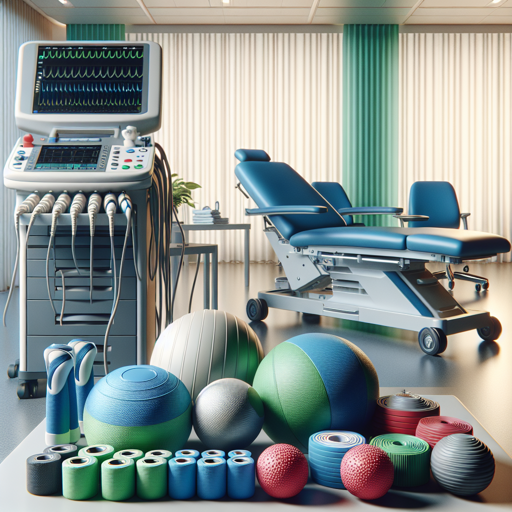 A variety of physical therapy supplies including resistance bands, exercise balls, ultrasound machine, and electrical stimulator arranged on a table in a clinical setting.