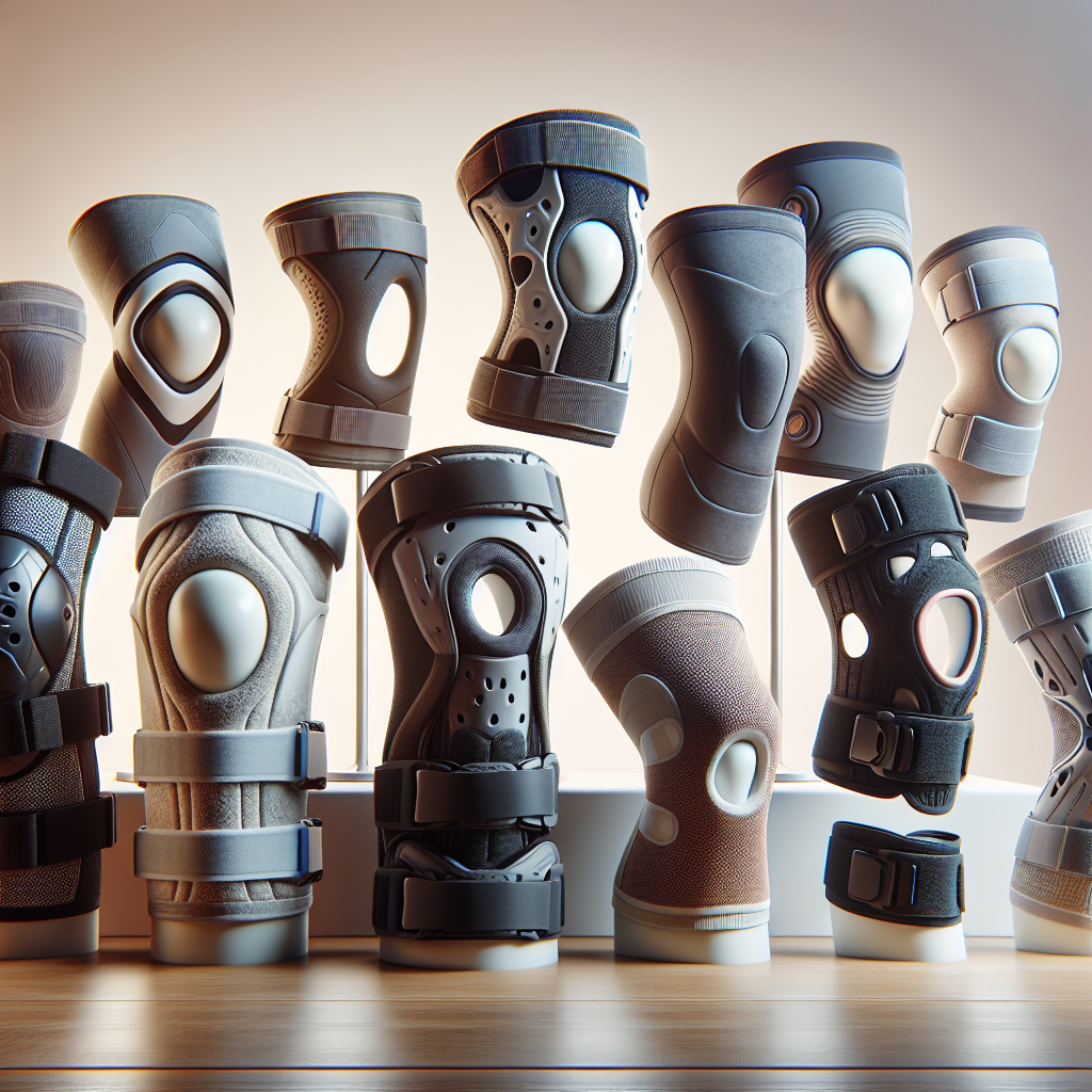 Different types of knee braces displayed on a table.