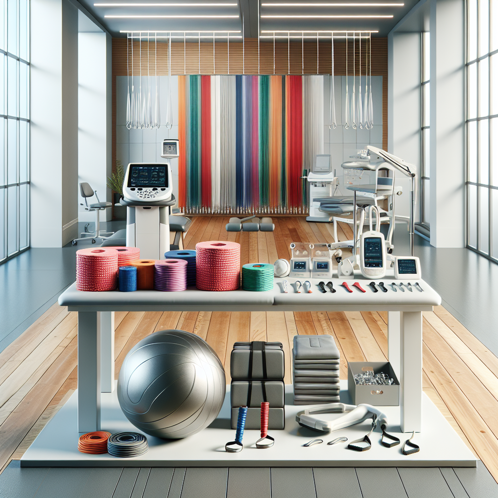 A variety of physical therapy supplies on a table in a well-lit clinic.