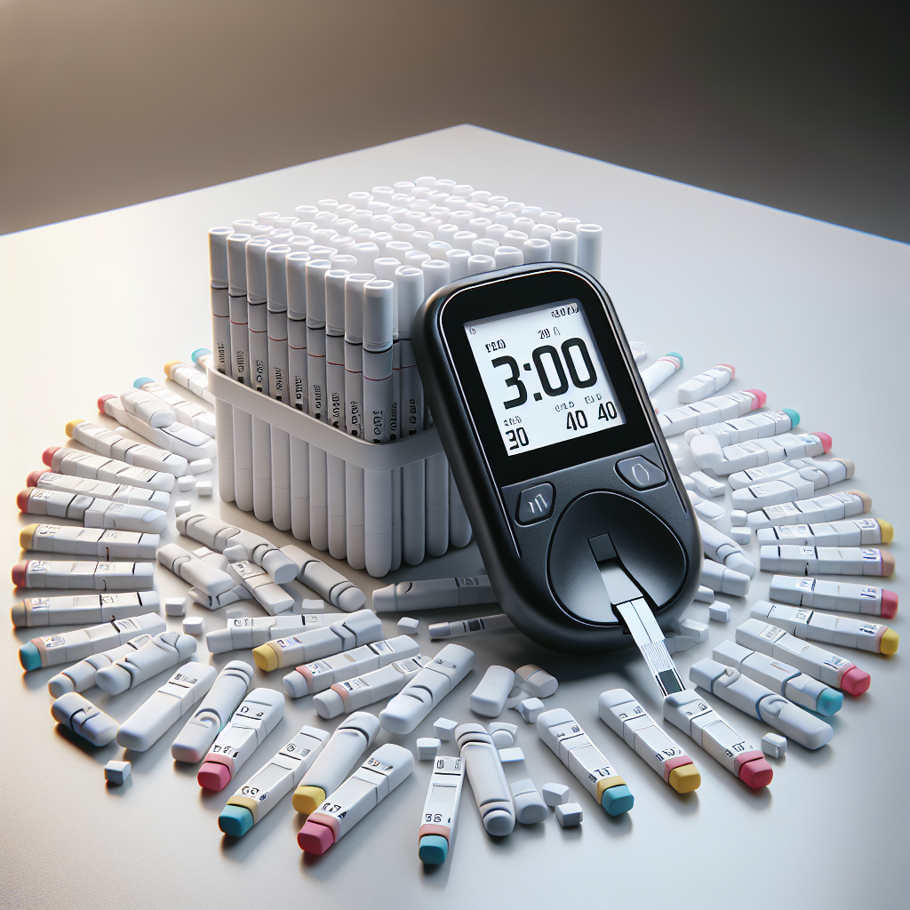 Diabetes test strips next to a blood glucose meter on a white countertop.