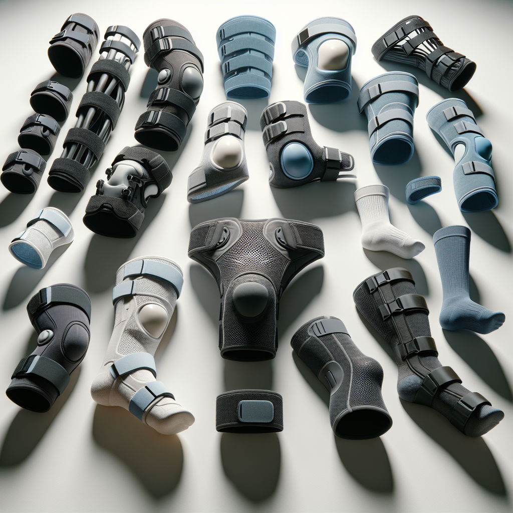 Various types of knee braces on a white background, showcasing prophylactic and rehabilitative designs.