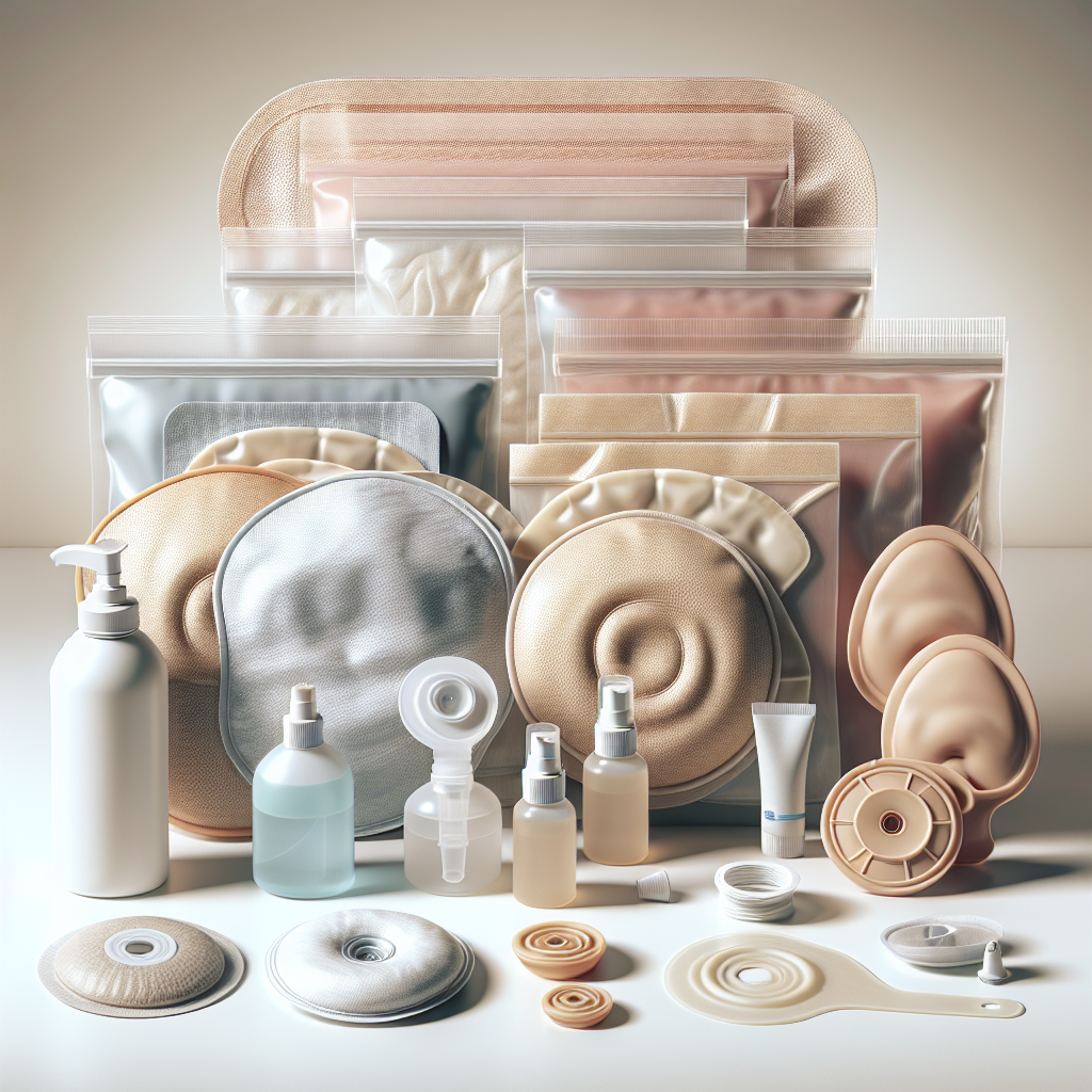 Various ostomy supplies neatly arranged on a white surface, including pouches, skin barriers, stoma caps, and adhesive removers.