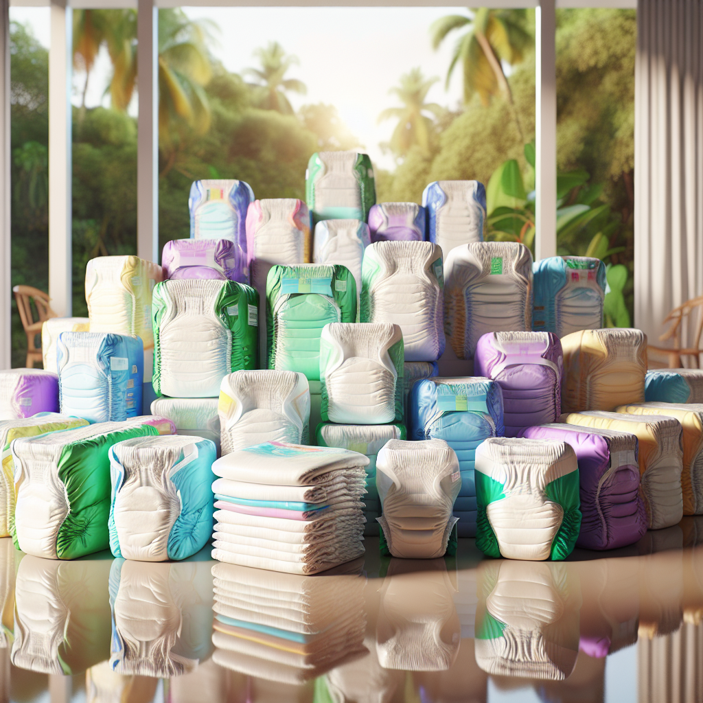 A depiction of various types of adult diapers in Mauritius, showcasing disposable and reusable options with different absorbency levels.