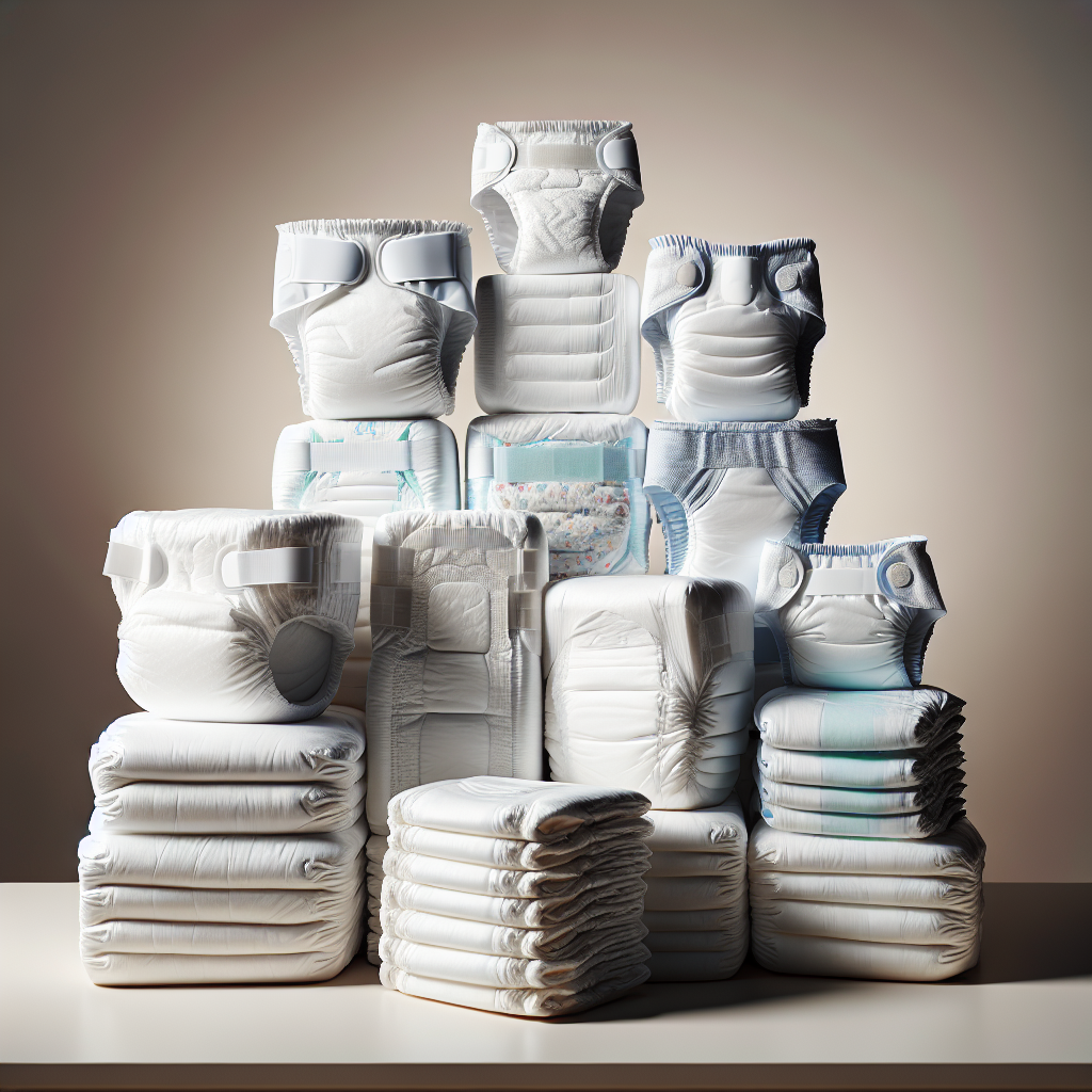 A realistic depiction of various types of adult diapers arranged on a table, highlighting different sizes and styles.