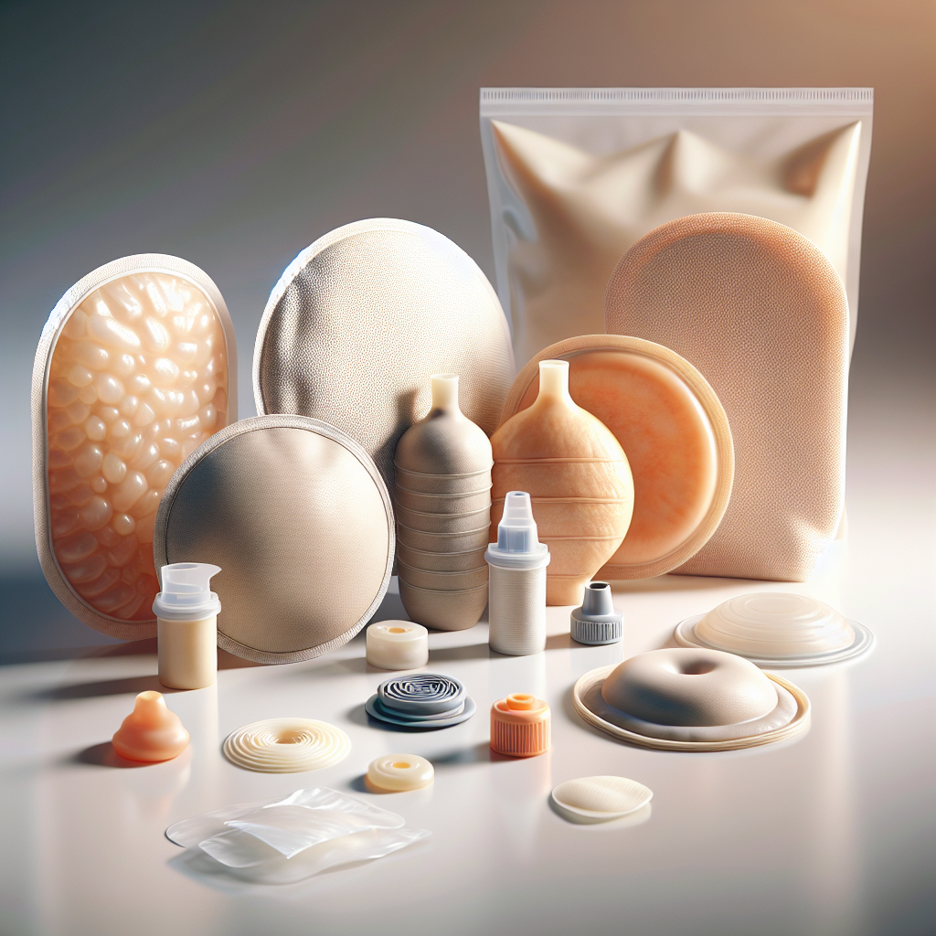 Various ostomy supplies, including pouches, skin barriers, stoma caps, and adhesive removers, arranged on a white surface.