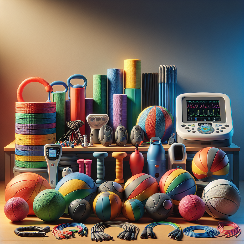 Various physical therapy supplies arranged on a table including resistance bands, exercise balls, an ultrasound machine, and electrical stimulators.