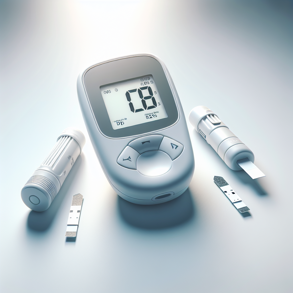 Realistic image of diabetes test strips and a blood glucose meter.