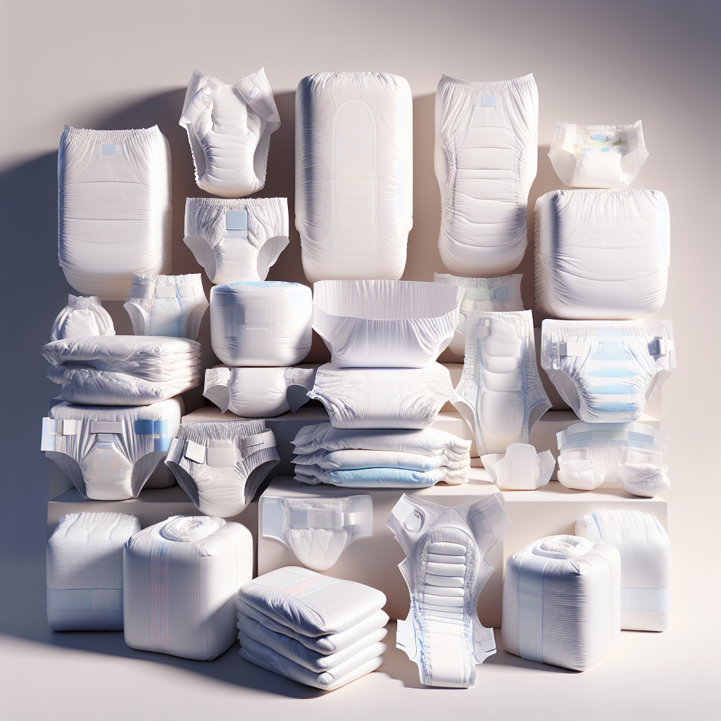 A variety of adult diapers displayed on a clean, white surface.
