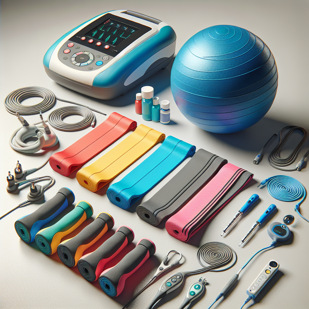 A collection of physical therapy supplies including resistance bands, an exercise ball, ultrasound machine, and electrical stimulators.