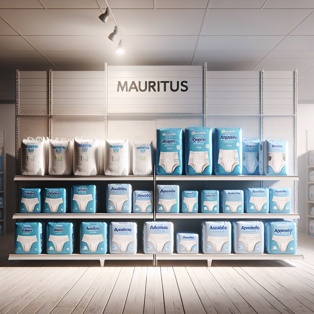 A realistic depiction of various types of adult diapers on a store shelf in Mauritius.