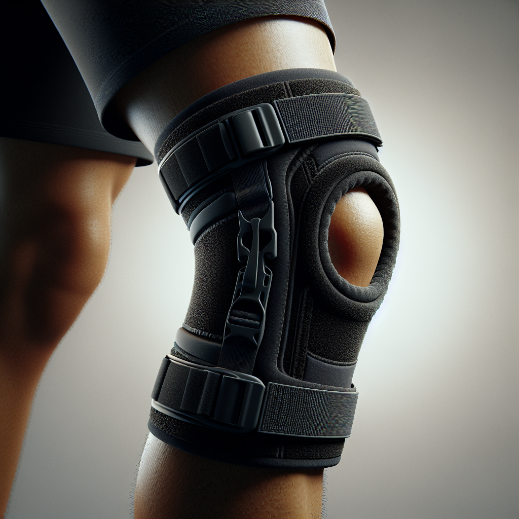 A knee with a black knee brace providing support and stability.